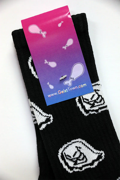 Men's 9-12 mid-calf black and white original Mr. Fangs fun ghost socks with chicken leg on the sole.