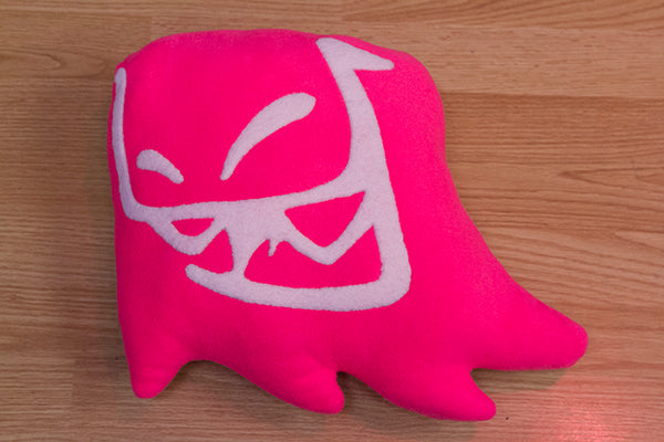 Handmade Mr. Fangs Atlanta ghost hot pink plush pillow.