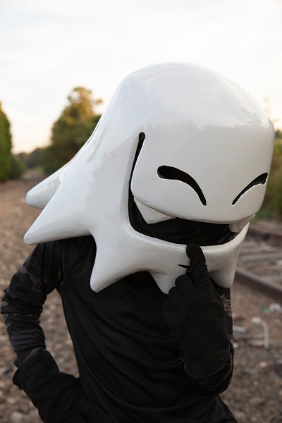 Handmade Mr. Fangs Atlanta ghost helmet wearable sculpture art.