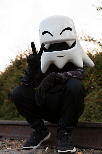 Handmade Mr. Fangs Atlanta ghost helmet wearable sculpture art.