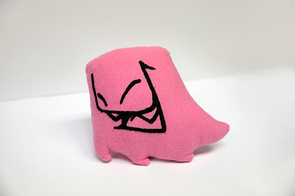 Hand sewn small pink Mr. Fangs plush with hand-embroidered smile in black.
