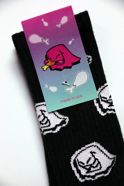 Men's 9-12 mid-calf black and white original Mr. Fangs fun ghost socks with chicken leg on the sole.