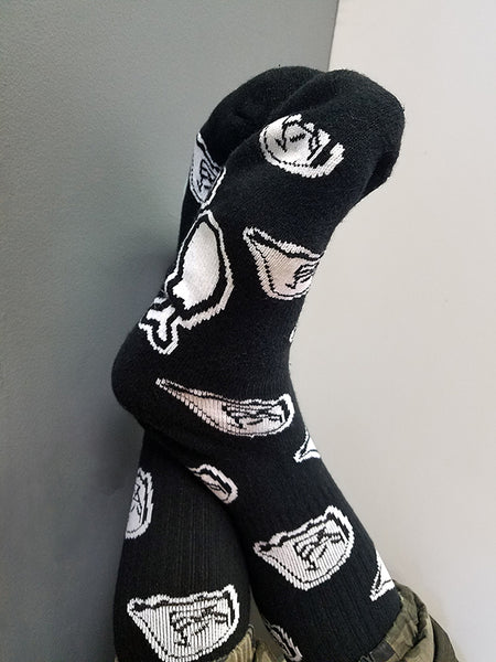Men's 9-12 mid-calf black and white original Mr. Fangs fun ghost socks with chicken leg on the sole.