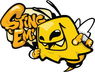 Mr. Fangs Sting 'Em yellow jacket vinyl sticker for Georgia Tech Buzz fans. 